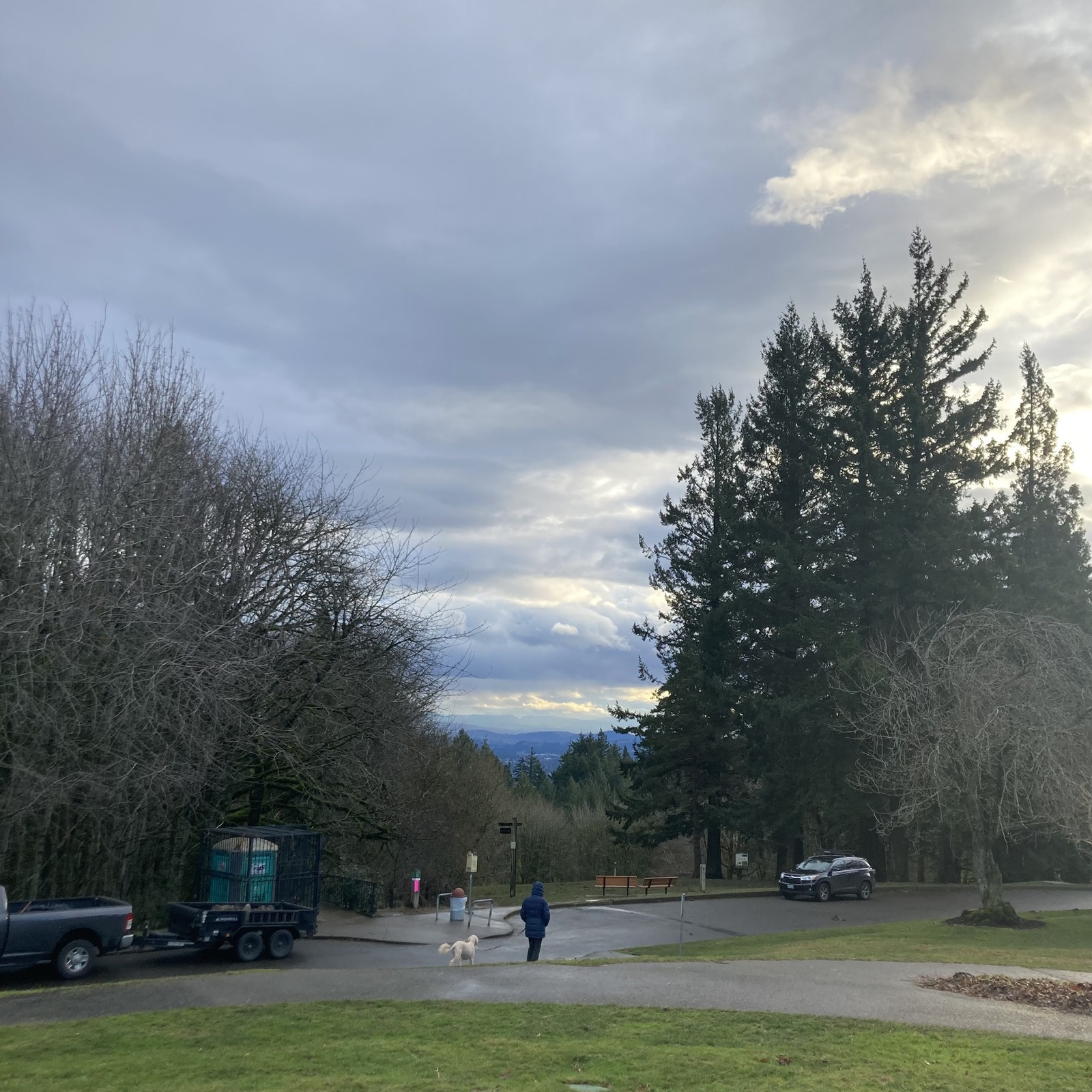View from Council Crest Park toward Mt. Hood, which is not visible behind many layers of low, dark clouds. A particularly heavy raincloud has just passed overhead. Rays of sunlight reflect shine around this cloud, and through rain falling in the far distance. The air feels scrubbed clean. Tall Douglas fir trees in the right near midground are bent northward under a warm, damp southerly wind
