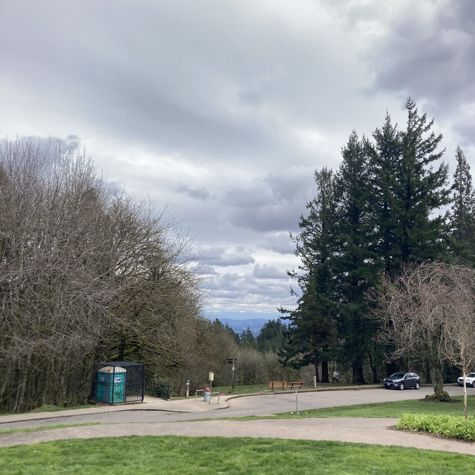 View from Council Crest Park toward Mt. Hood, the upper half of which is obscured by stratocumulus clouds, below which is the air is clear with high visibility. Some snow just above Mt. Hood’s foothills can be seen. In the foreground: the grass of the park is green and growing rapidly, with English lawn daisies just beginning to emerge