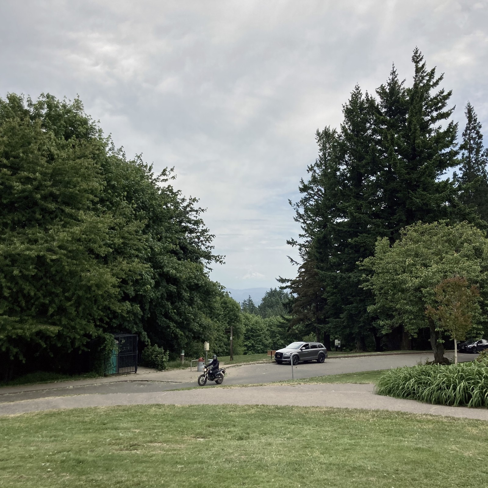 Mt. Hood is visible (from Council Crest) through a mildly humid haze. On the road about 50' away from us someone is riding a motorcycle.