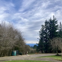 Mt Hood shines with snow under a shimmery sky of high stratus clouds, with a powerful east wind