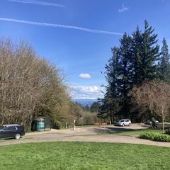 A pile of fluffy low altitude cumulus clouds cover the top of Mt. Hood on this bright spring day