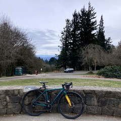 View from Council Crest Park toward Mt. Hood, which luminesces in the silvery sunlight filtered through high altitude clouds of ice crystals. The kind of sky we called a “snow sky” when I was a kid in Nebraska. It feels like snow. A fierce Arctic wind blows from the east to northeast, bringing the windchill to 5° F. Tears are frozen to my cheeks. In the foreground my cyclocross racing bike (with fat “gravel” tires) leans against a 3ft. decorative wall. The Douglas firs in the near midground groan under the strain of 30mph wind. I have sweat too much working to get up here today, that sweat will cool on the descent and I’ll arrive home with fingers and toes so numb that I perceive them not so much as cold as being pierced or crushed.