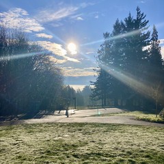 View from Council Crest Park toward Mt. Hood, which is obscured by heavy clouds and mist. HOWEVER the top of Council Crest itself is above the fog enshrouding the city below. The sky overhead is clear; the sun shines almost directly into the camera