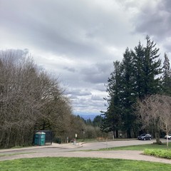 View from Council Crest Park toward Mt. Hood, the upper half of which is obscured by stratocumulus clouds, below which is the air is clear with high visibility. Some snow just above Mt. Hood’s foothills can be seen. In the foreground: the grass of the park is green and growing rapidly, with English lawn daisies just beginning to emerge