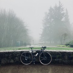 A steel bicycle leans against a low stone wall at the top of a hill, in heavy fog and rain